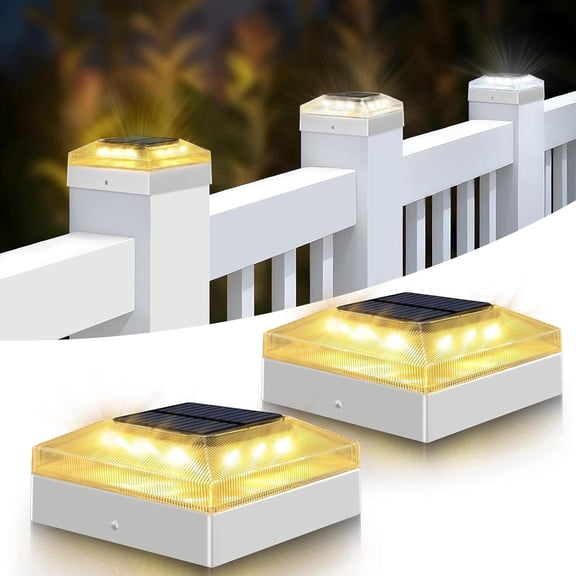 2 Pack 4x4 Solar Post Cap Lights Outdoor, Waterproof Dusk to Dawn 3 Color Modes LED Fence Post Lights for 4 inch Vinyl PVC Wood Posts Deck Driveway Porch Backyard White