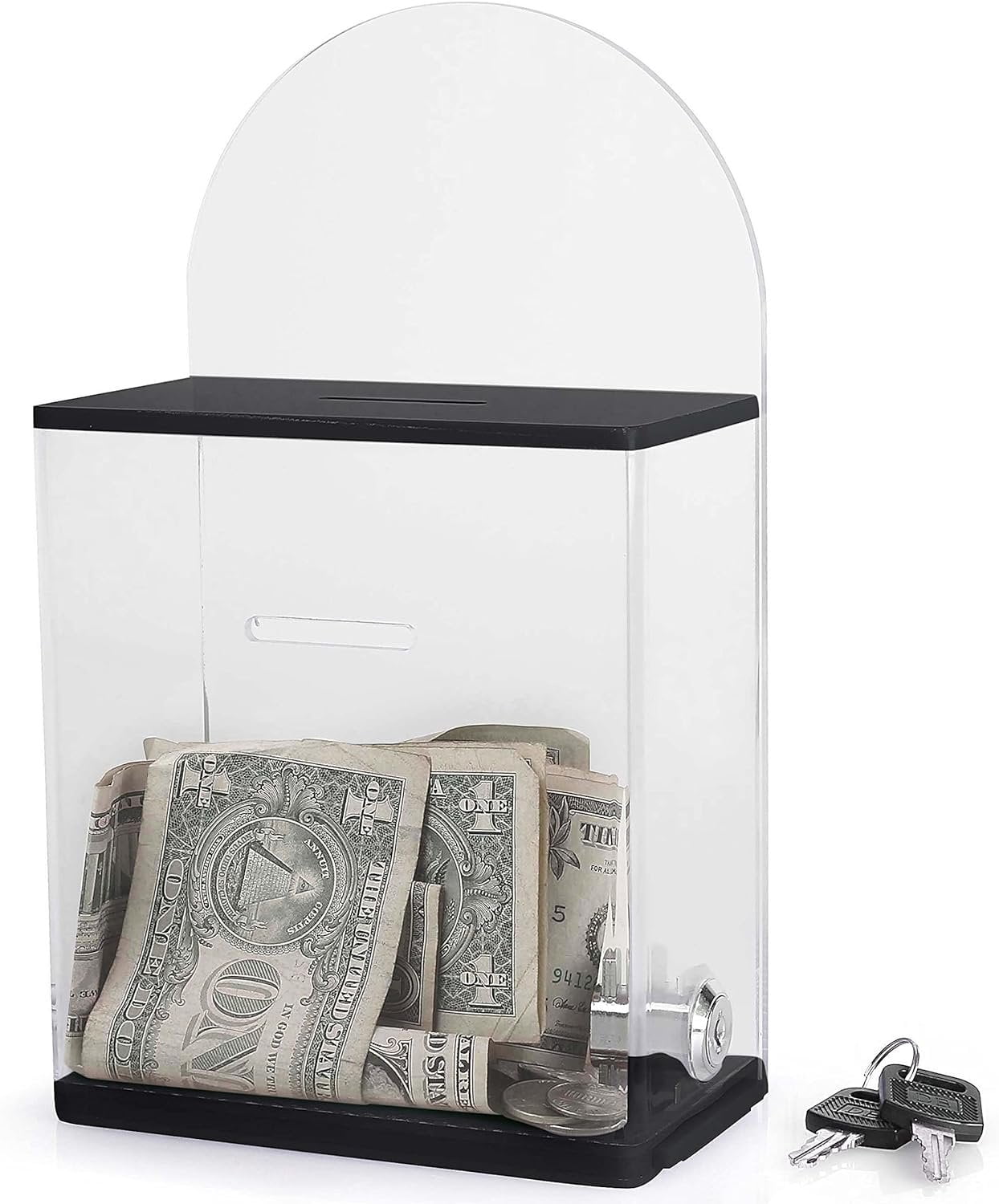 Acrylic Donation Suggestion collection Box Pre Drilled Holes For Wall mounted Or Retail Countertop Tip Box with round back wall display area 10 x 6 inches, Lock With set of keys Black