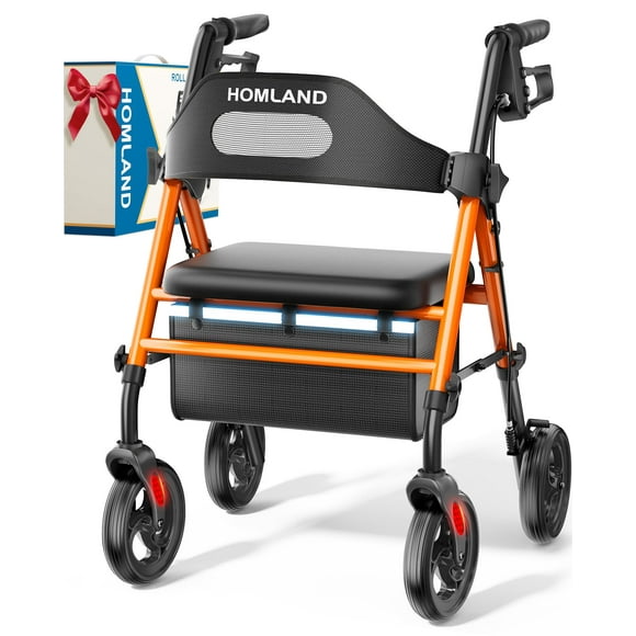 Andador plegable HOMLAND con asiento para personas mayores, ruedas grandes de 8", capacidad de peso de 350 lb, asas y altura del asiento ajustables, andador ligero con ruedas, color naranja