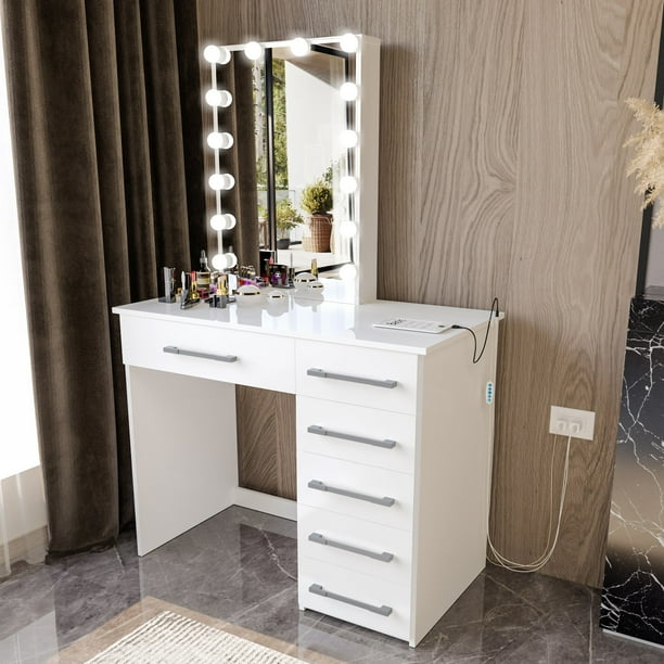 Ember Interiors Modern Painted Vanity Table, Lights, USB Port