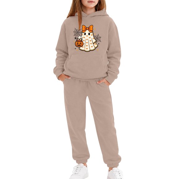 LRen Girls 2 Piece Halloween Printed Tracksuit Athletic Sweatsuits Sets Sport Hooded Sweatshirt and Jogger Sweatpants Fall Halloween Gifts