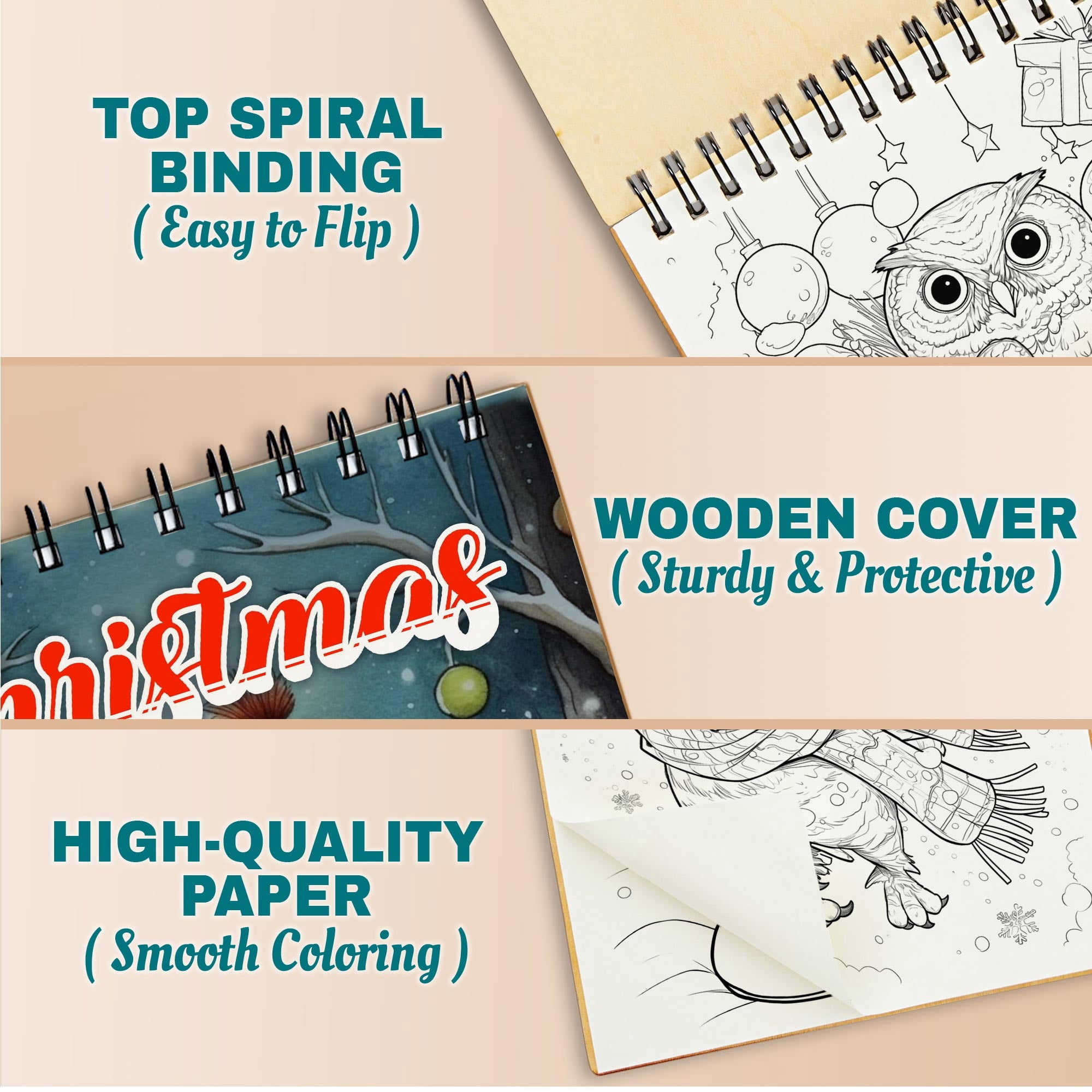 Netecom Christmas Owls Coloring Book Spiral Bound for Adults, A5 Wooden Cover, 30 Charming Coloring Pages of Playful Owls in Holiday Winter Scenes for Stress Relief and Relaxation