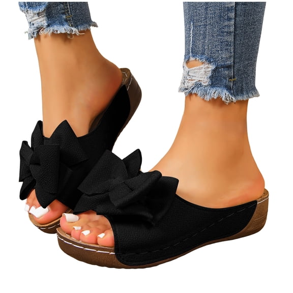 Rokment Womens Bow Orthopedic Platform Wedge Dress Slides Sandals 2026 Beach Summer Boho Bridal Leather Bowknot Open Toe Arch Support Casual Walking Backless Slippers Black Size 6