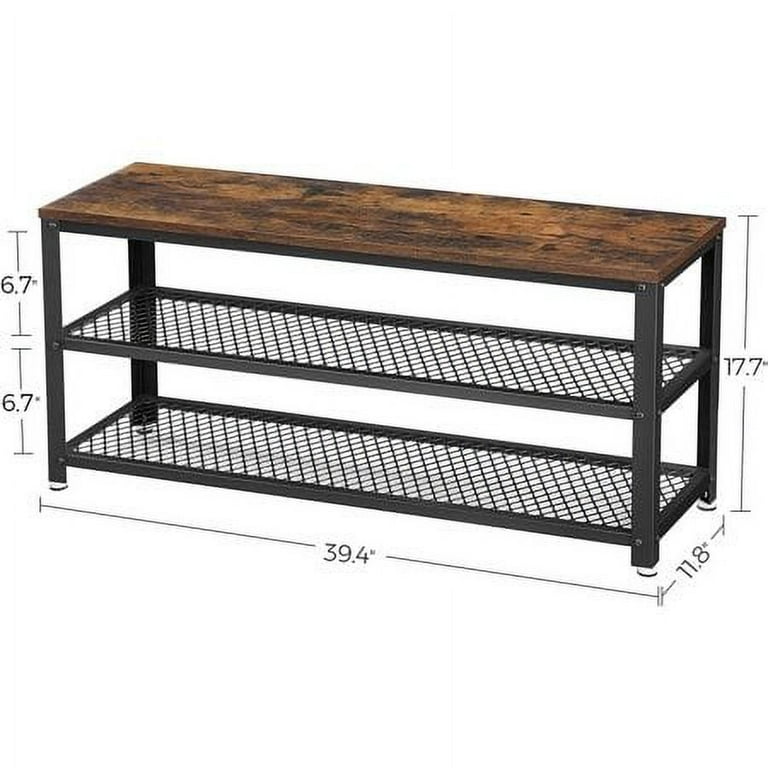 VASAGLE 3 Tier Shoe Rack Bench 39.4 Long 12 Pair of Shoes Shelves Storage Bench with Metal Mesh Shelves and Seat for Entryway Rustic Brown and Black