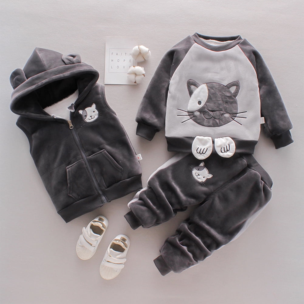 Esaierr 1-5Y Baby Boys Girls Sweatshirt Outfits Double-Sided Velvet Fall Winter Clothing Set Toddler Cartoon Elephant Three-Piece Set