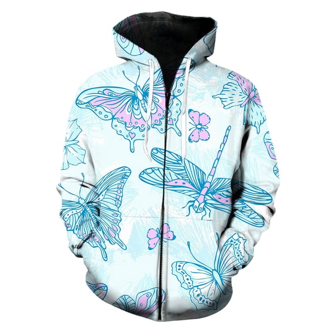 Sudadera con capucha y cremallera con estampado 3D para hombre, diseño de mariposas de dibujos animados, informal, para otoño y primavera