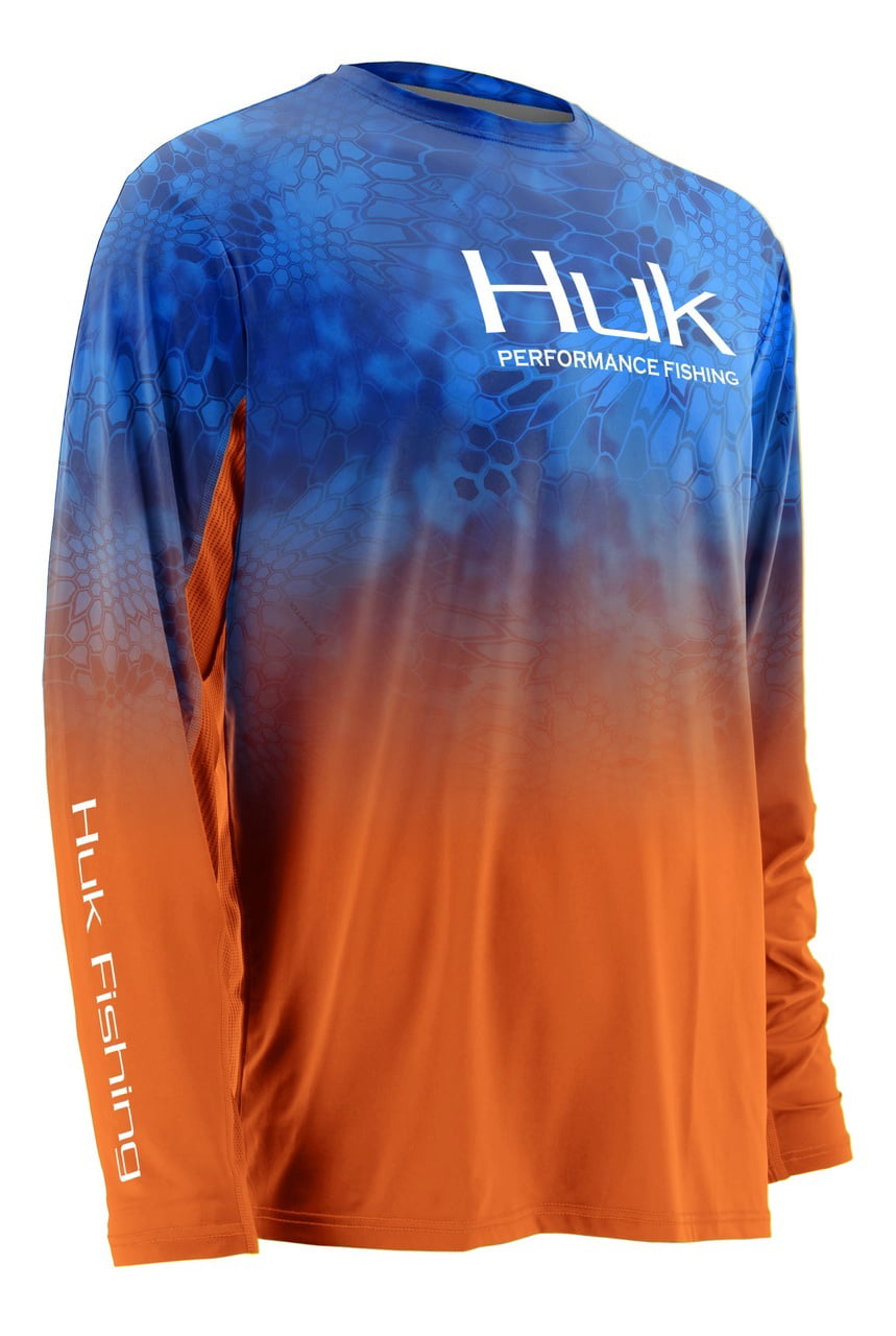 Huk Men's Icon Kryptek Fade Performance Long Sleeve Shirt H1200114 (Size:  Large, Color: Royal / Bright Orange)