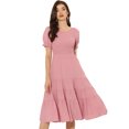 thumbnail image 1 of Vestido escalonado fruncido para mujer, cuello redondo, manga farol elástica, vestido informal de línea A Rosa L, 1 of 6