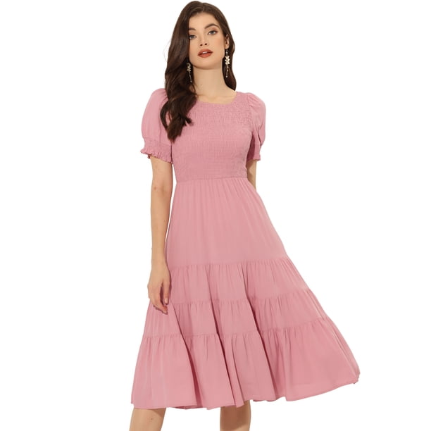 Vestido escalonado fruncido para mujer, cuello redondo, manga farol elástica, vestido informal de línea A Rosa L