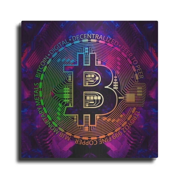 Luxe Metal Art 'Bitcoin Rainbow' by Cameron Gray Metal Wall Art, 12"x12"