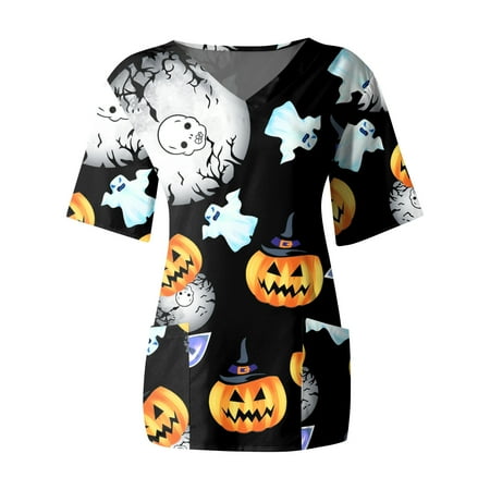 

TMOYZQ Scrubs for Women Womens Halloween Print Professional Scrubs Tops Short Sleeve V Neck Nursing Workwear Tunic Working Uniform Blouse Medical Blouse with Pockets