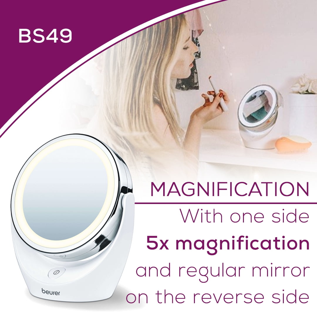 Beurer 5x Magnifying Cosmetic Vanity, Illuminated LED, Double Sided Makeup Mirror with 360 Degree Swivel Rotation, BS49