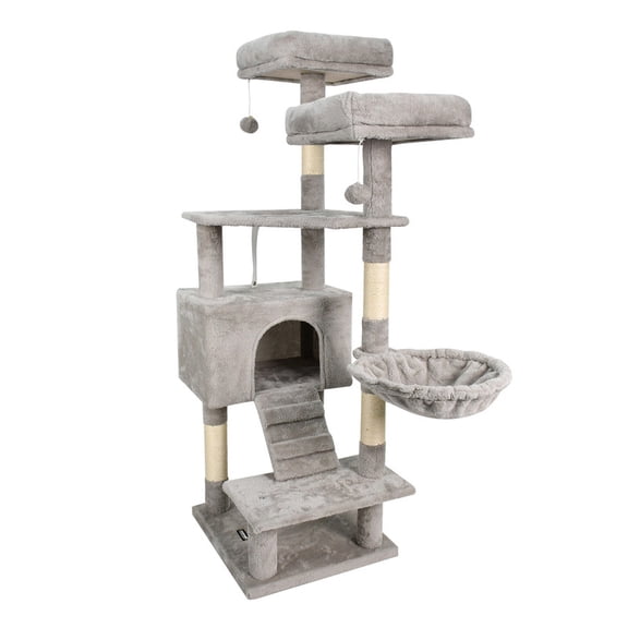 GOOPAWS Multi-Level 57-in Faux Fur Cat Tree & Condo with Hammock, Light Grey