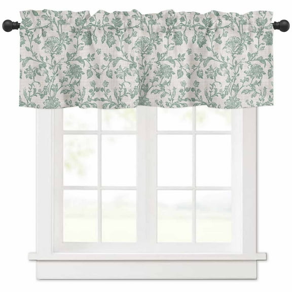 Turquoise Farmhouse Curtain Valance for Windows/Kitchen/Living Room/Bedroom, Vintage Flower Leaf Botanical Plant Rod Pocket Window Treatment Short Drape Topper Small Tier Cafe Curtains Panel 54X18