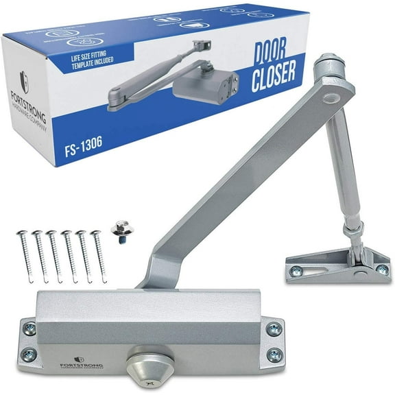 FortStrong FS-1306 Grade 3 Spring Hydraulic Door Closer with Mounting Hardware, Adjustable, Automatic, Silver