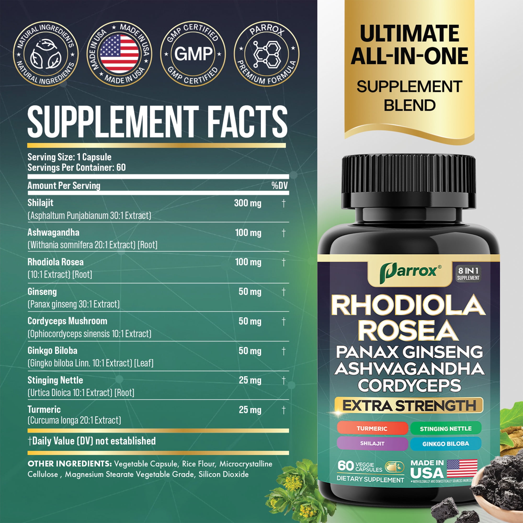 Parrox Rhodiola Rosea Panax Ginseng Ashwagandha Shilajit Cordyceps Mushroom Turmeric Ginkgo Biloba Stinging Nettle Adaptogen Blend Supplement Capsules for Daily Wellness Support – 60 Capsules
