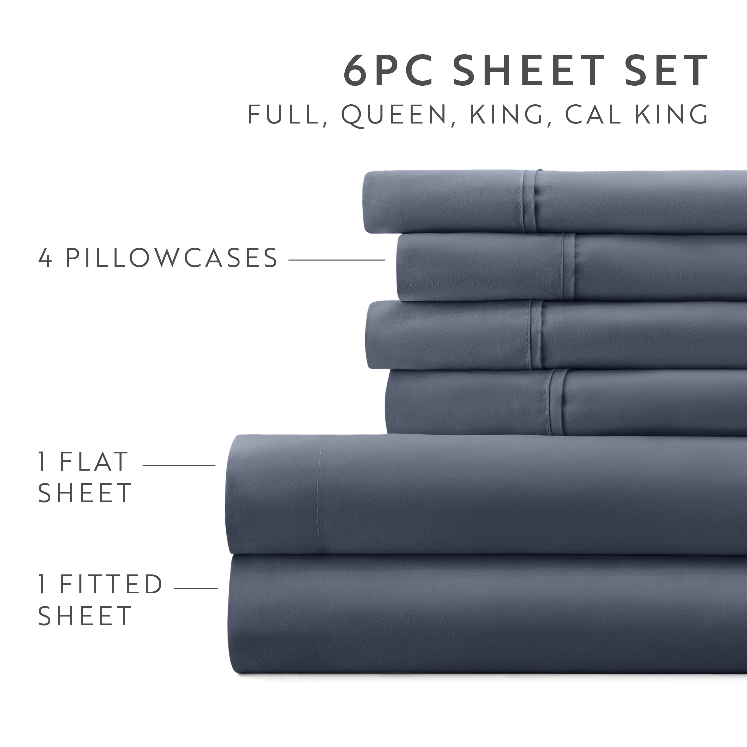 California King, Stone Solid Microfiber 6 Piece Bed Sheet Set, by Noble Linens