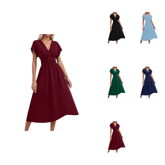 Elegant Long Casual Dress with Overlap Neckline, Batwing Sleeves, and Waist Pleats – Women’s Satin A-Line Maxi Dress with V-Neck and Ruched Fit for Summer Evening Wear