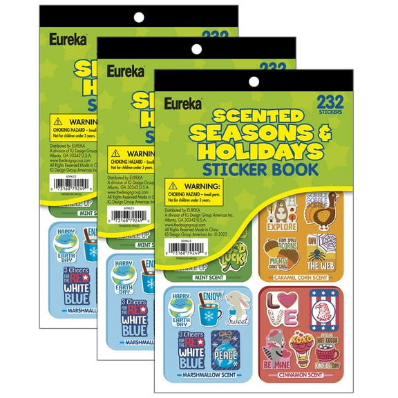 Eureka Seasons & Holidays Scented Stickerbook, 232 Stickers Per Book, Pack of 3