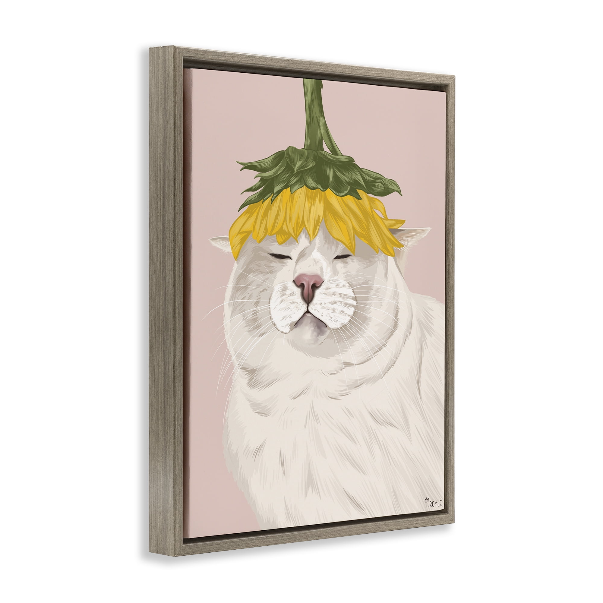 Stupell Industries Cat with Daisy on Head Animals & Insects Painting Brown Floater Framed Canvas Art Print Wall Art, 25 x 31