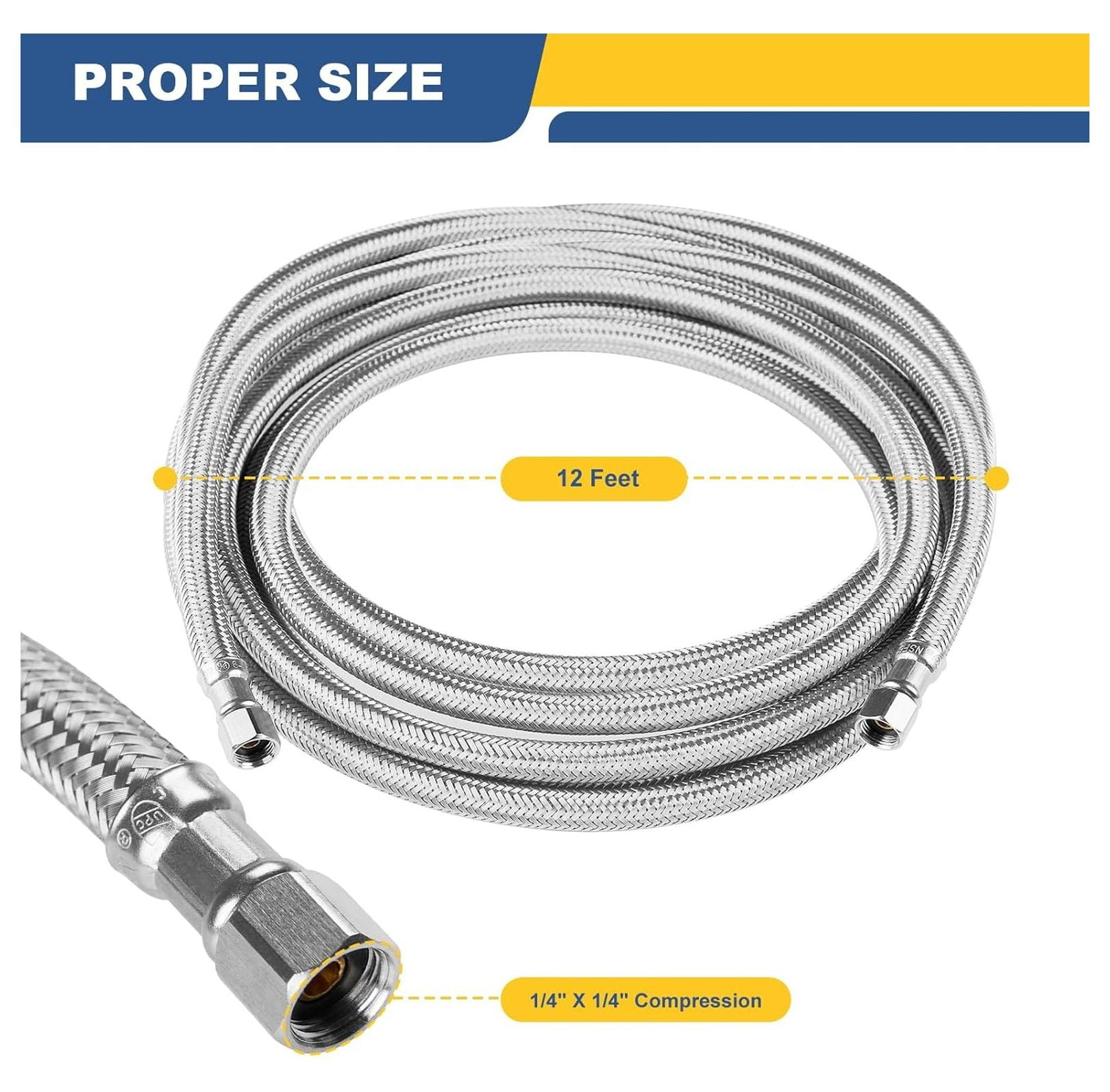 12 FT Refrigerator Water Line,Stainless Steel Braided Ice Maker Hose with 1/4" Comp X 1/4"Compression Fittings(2PCS,12 Foot)(HOSE058-2Pack)