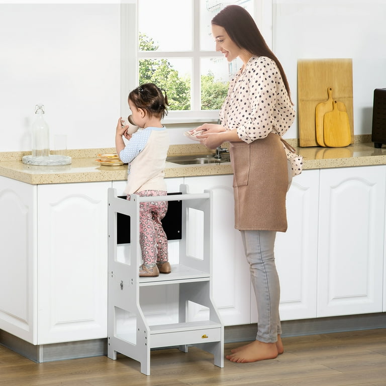 Qaba 2-in-1 Kids Kitchen Step Stool, Detachable Toddler Table and Chair Set