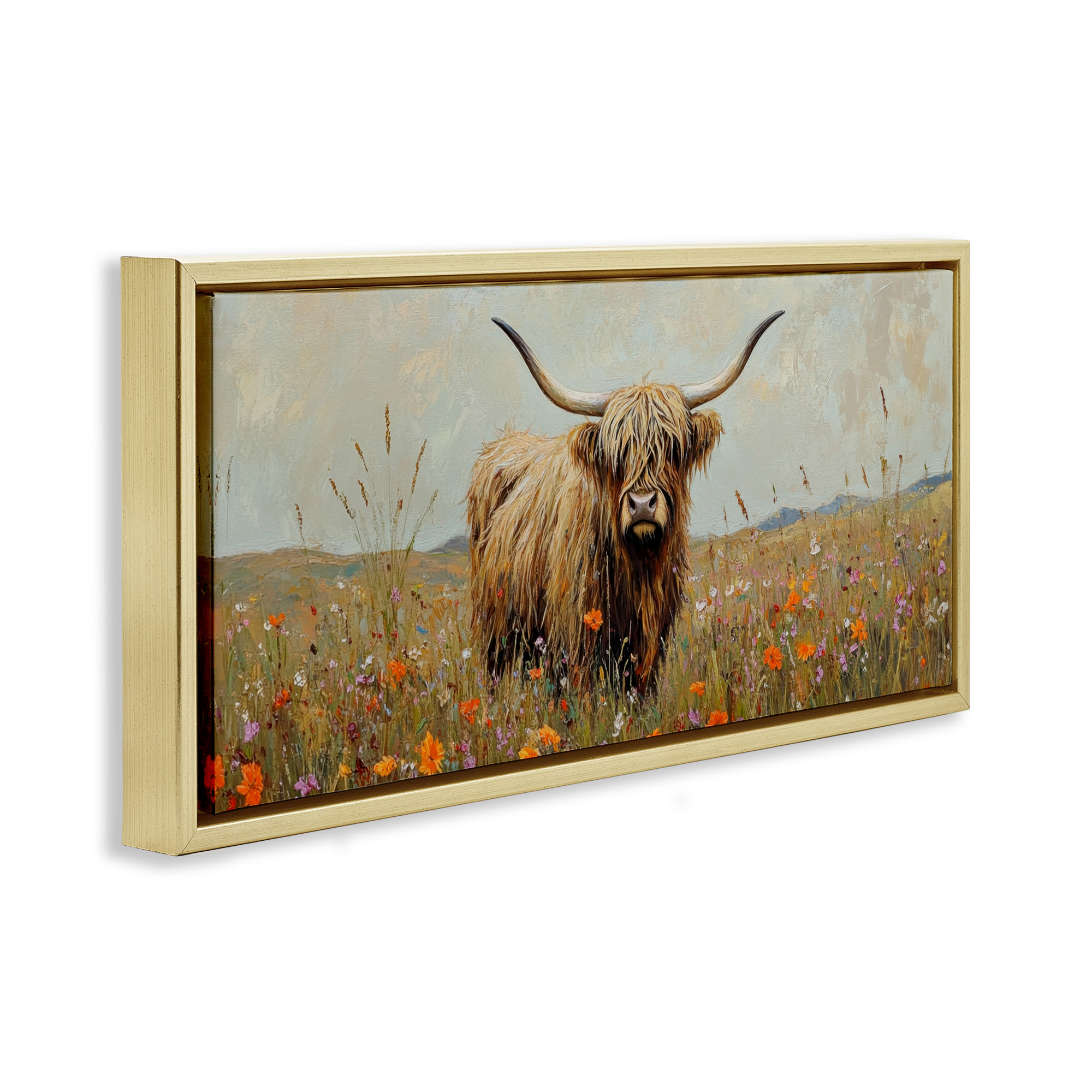 Stupell Industries Longhorn And Wildflowers Gold Framed Floater Canvas Wall Art design by Petal Prints Design, 14 x 31