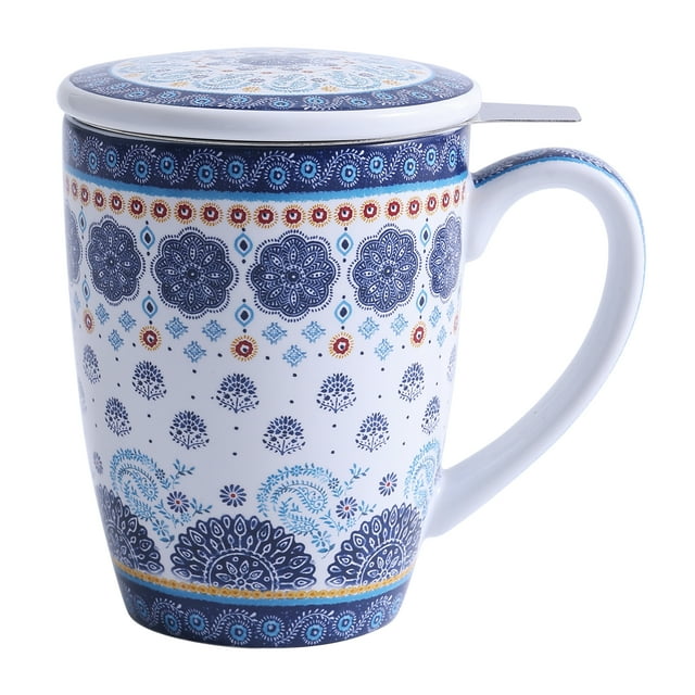 Bico Blue Talavera 12oz Porcelain Tea Mug with Infuser and Lid