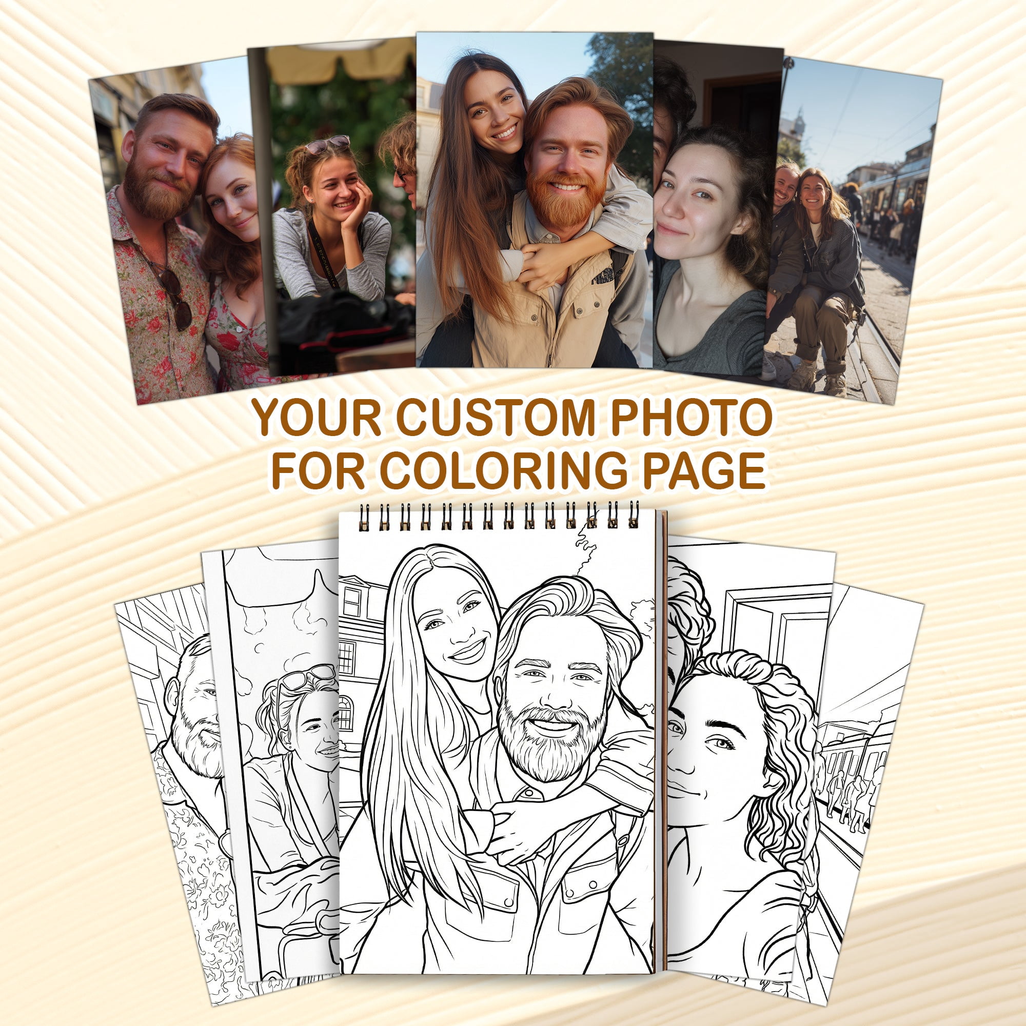 Personalized Couple Memory Coloring Book for Adults – Custom Coloring Pages from Your Photos , 12–48 Pages, Keepsake for Newlyweds, Premium Wooden Cover, Spiral Binding