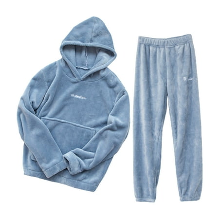 

PERZOE Pajamas Set 2Pcs/Set Hooded Long Sleeves Pocket Elastic Waistband Loose Flannel Pajamas Women Winter Letter Print Plush Sweatshirt Pants Homewear Set