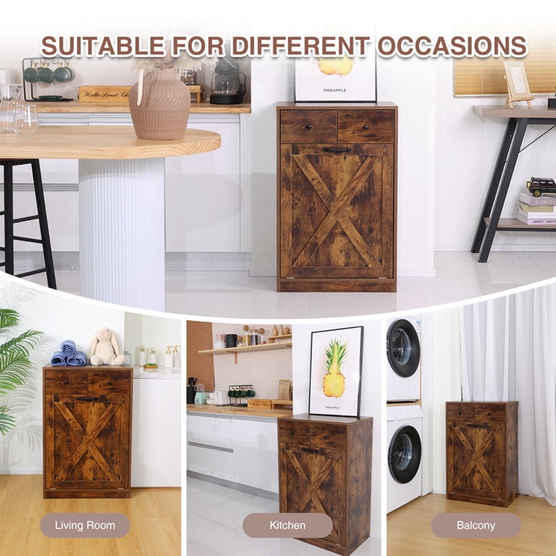Tilt Out Trash Cabinet Free Standing with Drawer Trash Bin Storage Cabinet