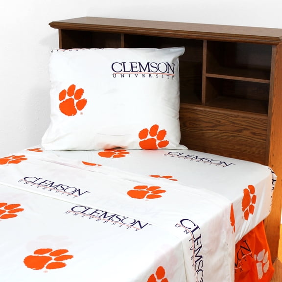 Clemson Tigers 100% cotton, 4 piece sheet set - flat sheet, fitted sheet, 2 pillow cases, Queen, White