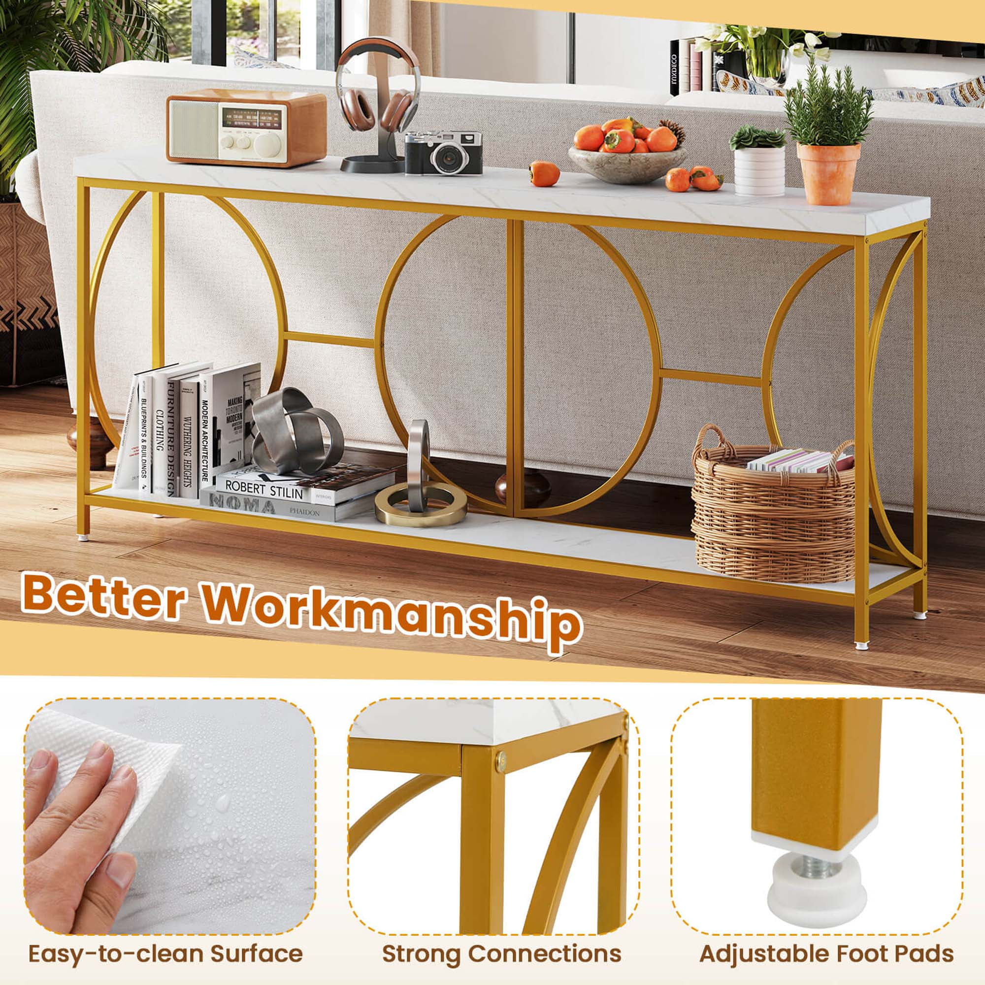 Costway 2-Tier Faux Marble Top Console Table 71" Narrow Console Table for Entryway