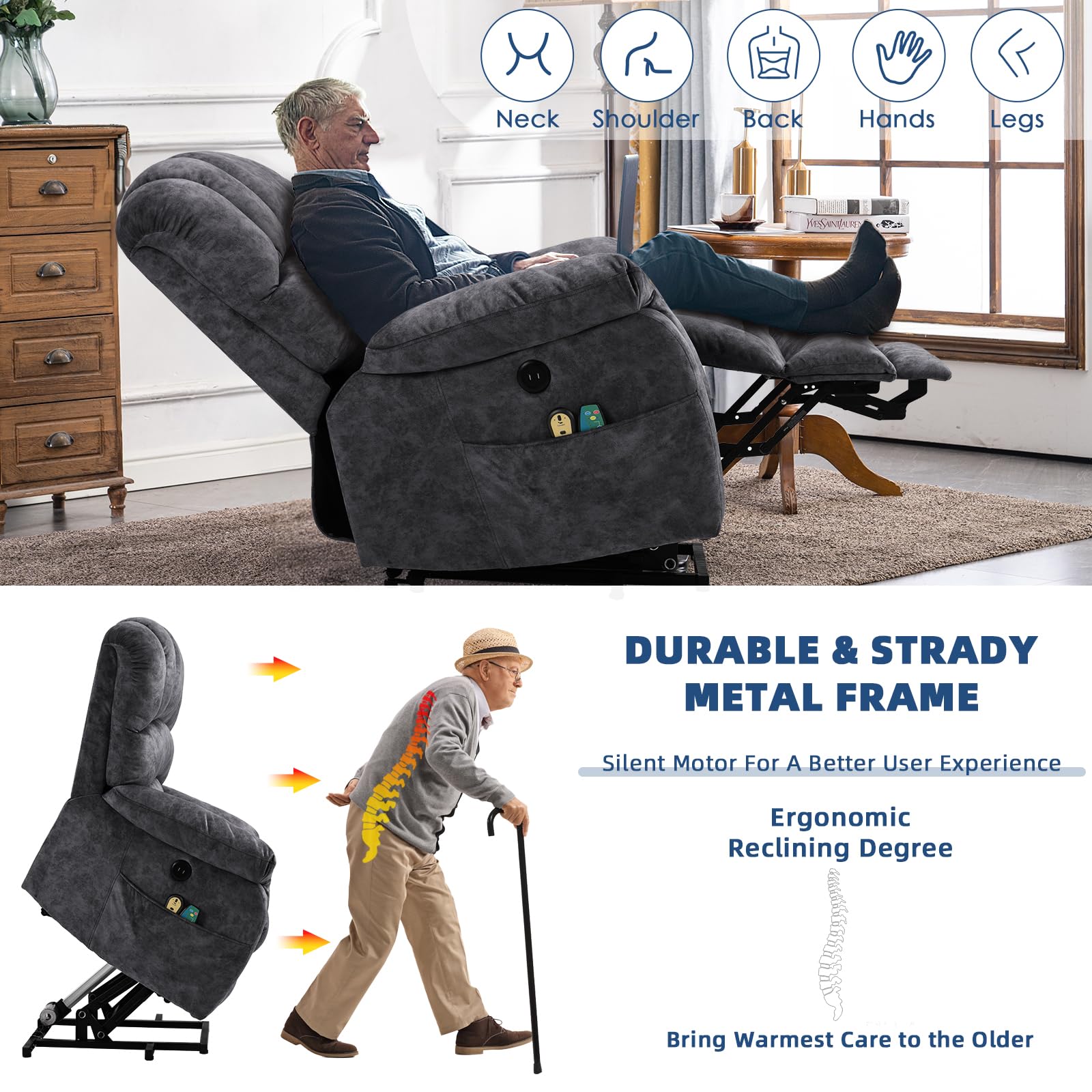 SOCIALCOMFY Large Electric Power Lift Recliner Chair with Extended Footrest for Elderly Big Man, Overstuffed Heated Massage Wide Reclining Sofa with 2 Remote Controls, Side Pockets & USB Ports, Gray