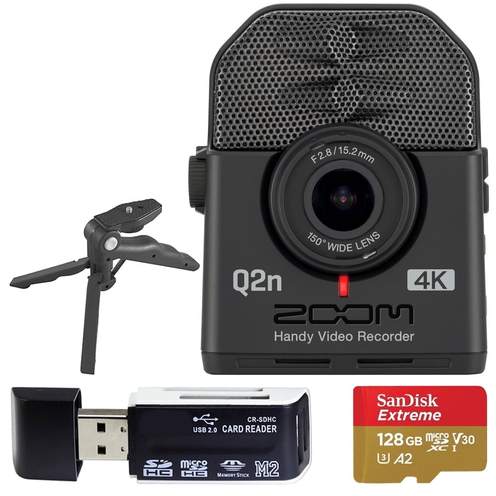 Zoom Q2n-4K Ultra High Definition Handy Video Recorder + SanDisk 128GB Memory Card with SD Adapter + USB Card Reader + Table Tripod Hand Grip
