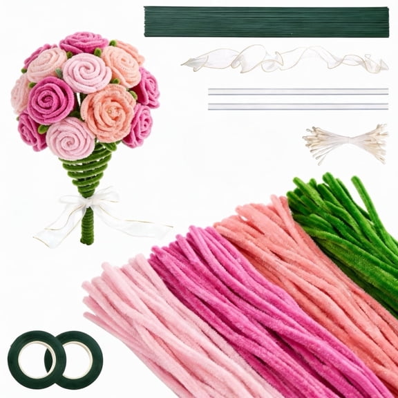 Pipe Cleaners Craft Kit 400Pcs, 4 Assorted Colors Chenille Stems Bulk for DIY Flower Making, Includes Floral Wires, Gardening Tape, Stamen Ribbon