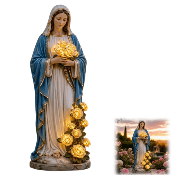 Virgin Mary Solar Garden Light - 8''Outdoor Blessed Mother Statue with LED Glowing Roses, Catholic Garden Decor & Christian Yard Gift for Women 1PC