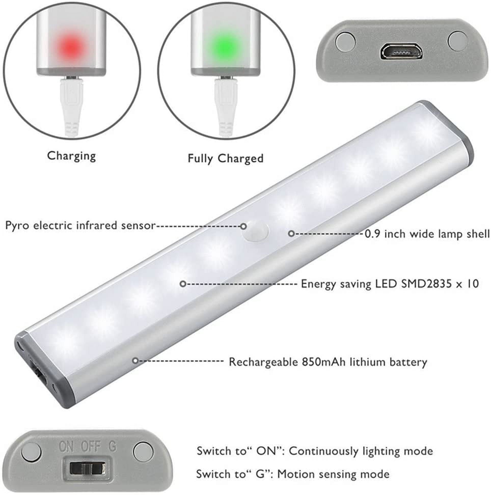 Stick-on Anywhere Portable Little Light Wireless LED Under Cabinet Lights 10-LED Motion Sensor Activated Night Light Build in Rechar able Battery Magnetic Tap Lights for Closet, Cabinet
