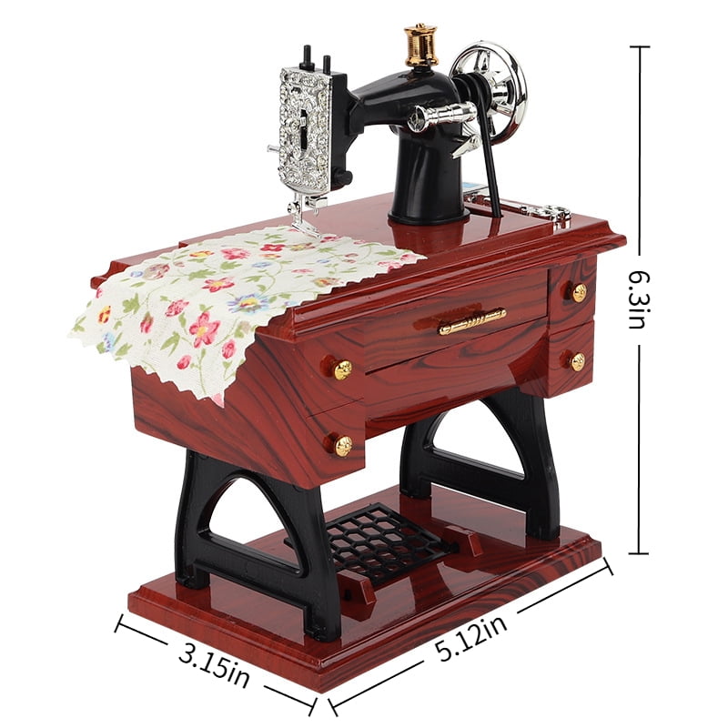 Retro Mini Sewing Machine Music Box - Hand-Wound (No Battery), Drawer-Activated Melody & Moving Parts (Pedal/Needle/Wheel)