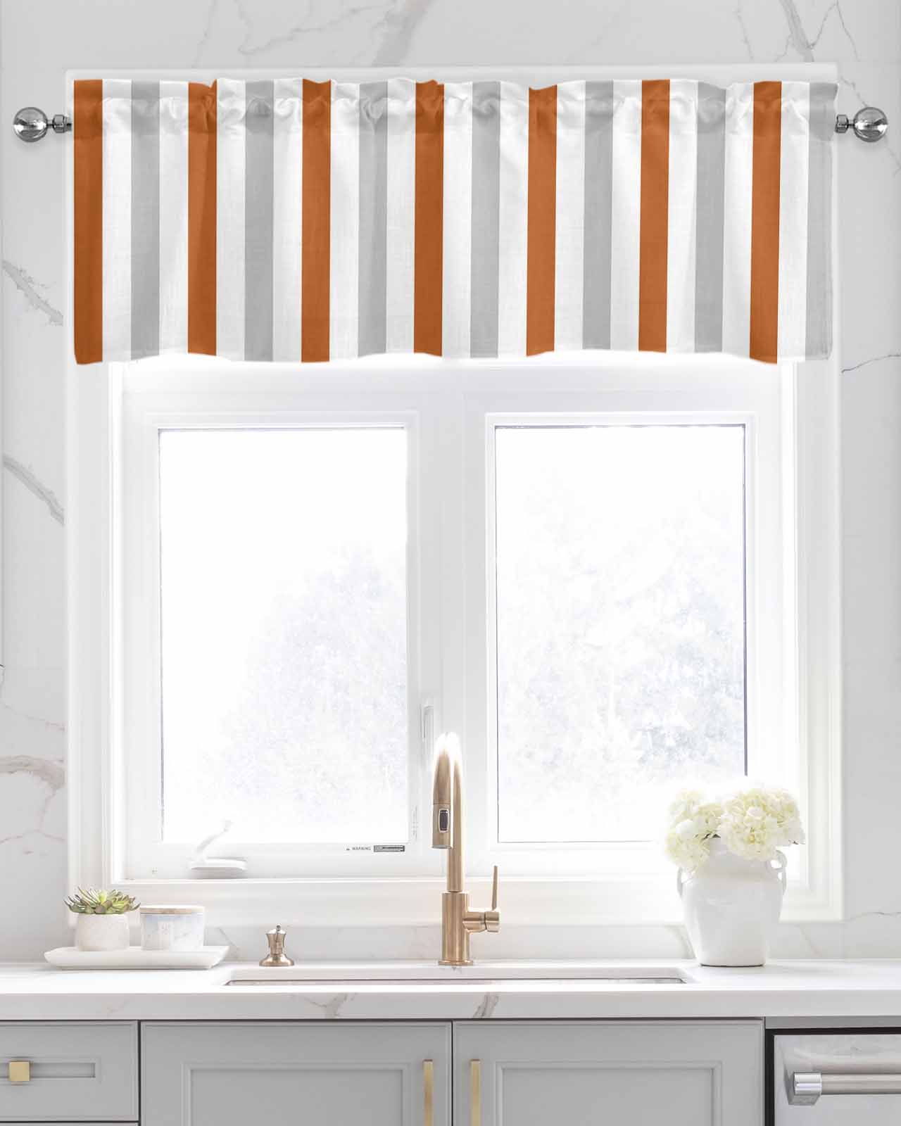 Burnt Orange Gray Striped Kitchen Valances for Windows Farmhouse Linen Window Valance Curtain for Living Room Window Treatment Farmhouse Stripe Art Valance Rod Pocket Topper Drape, 54 x 18 Inch