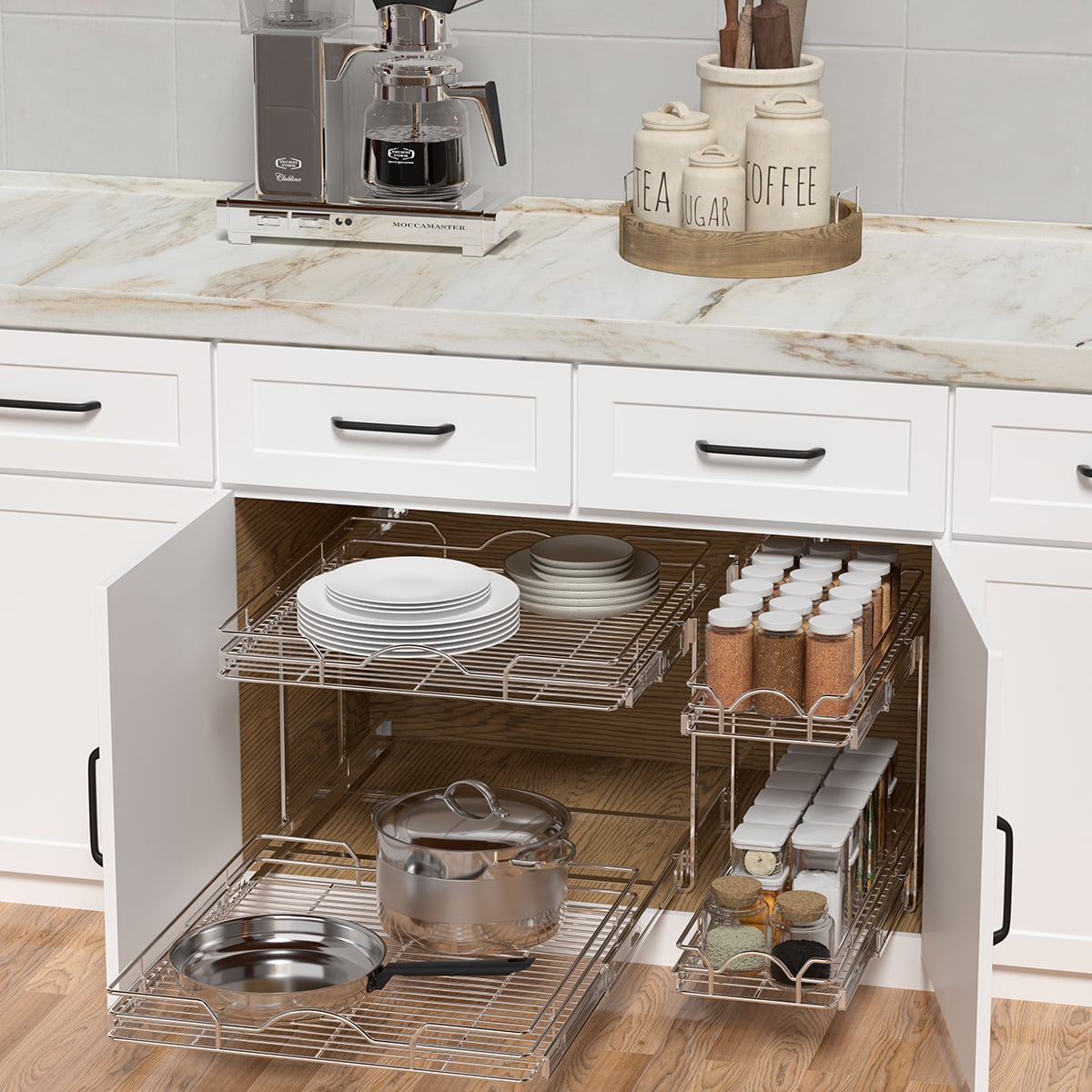 OCG 2-Tier Pull Out Cabinet Organizer (21.5"W x 18"D) Pull Out Shelf in Kitchen Bathroom Pantry