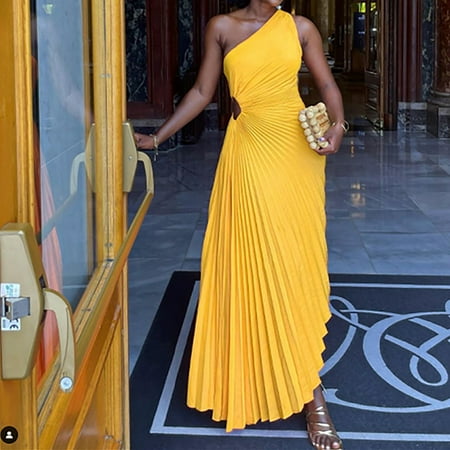 Usdian Graduation Dress Sleeveless Tank Dresse Fit and Flare Dresses Plus Size Dresses Wrap Dress Casual Solid for Party Yellow L Summer Clearance Sale