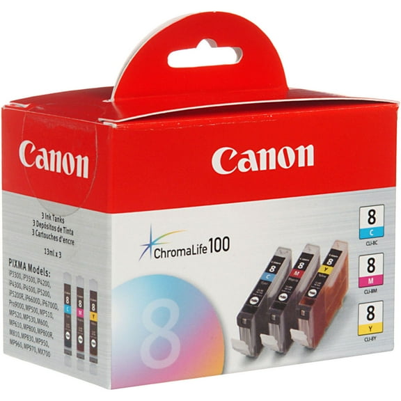 Canon 0621B016 (CLI-8) ChromaLife100  Ink, Cyan/Magenta/Yellow, 3/PK