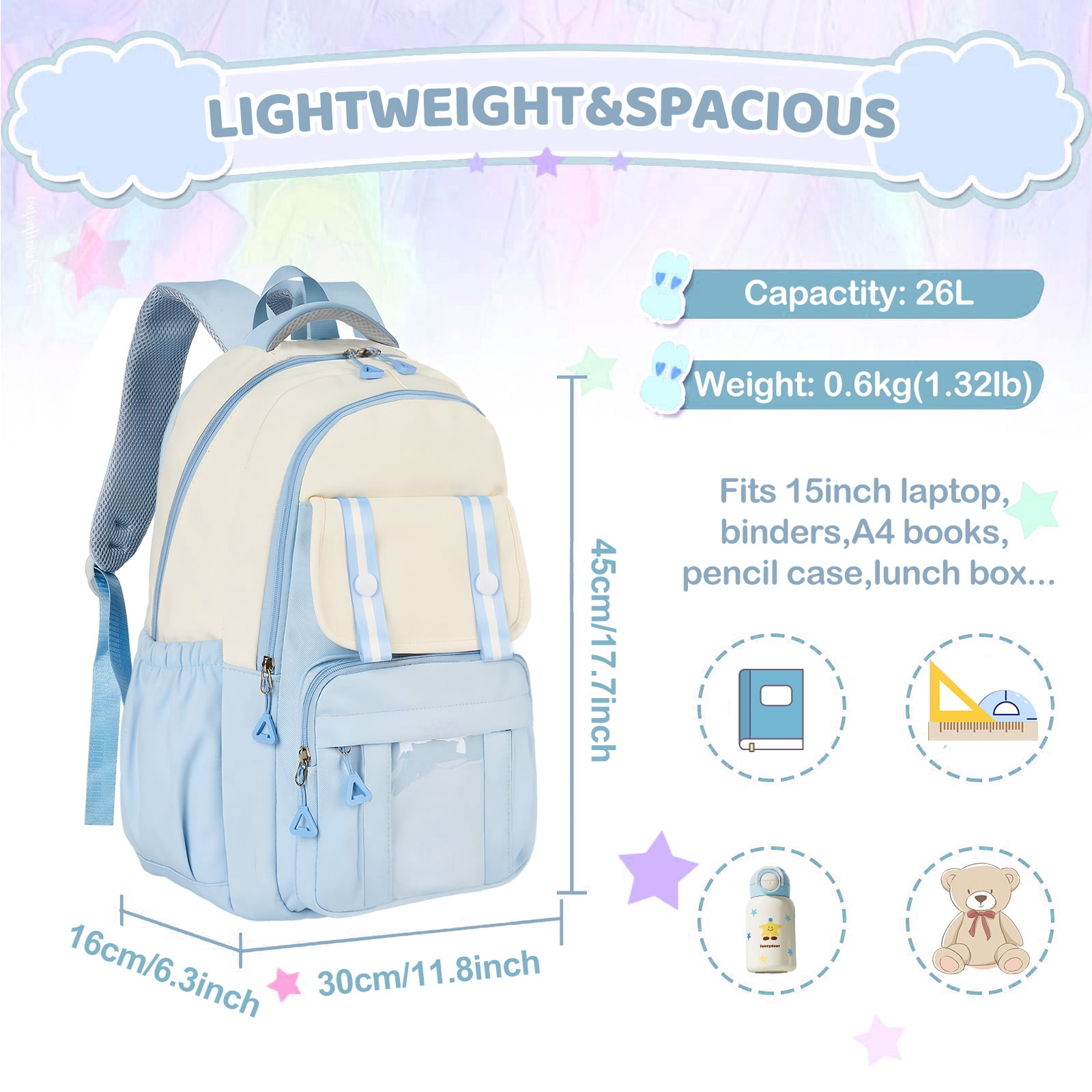 DAKIMOE Kids Backpack, Large Capacity School Bookbag for 15.6 Inch Laptop, Water-Resistant Cute Girl Backpacks for Teen adults, Lightweight Travel Daypack for Middle School College