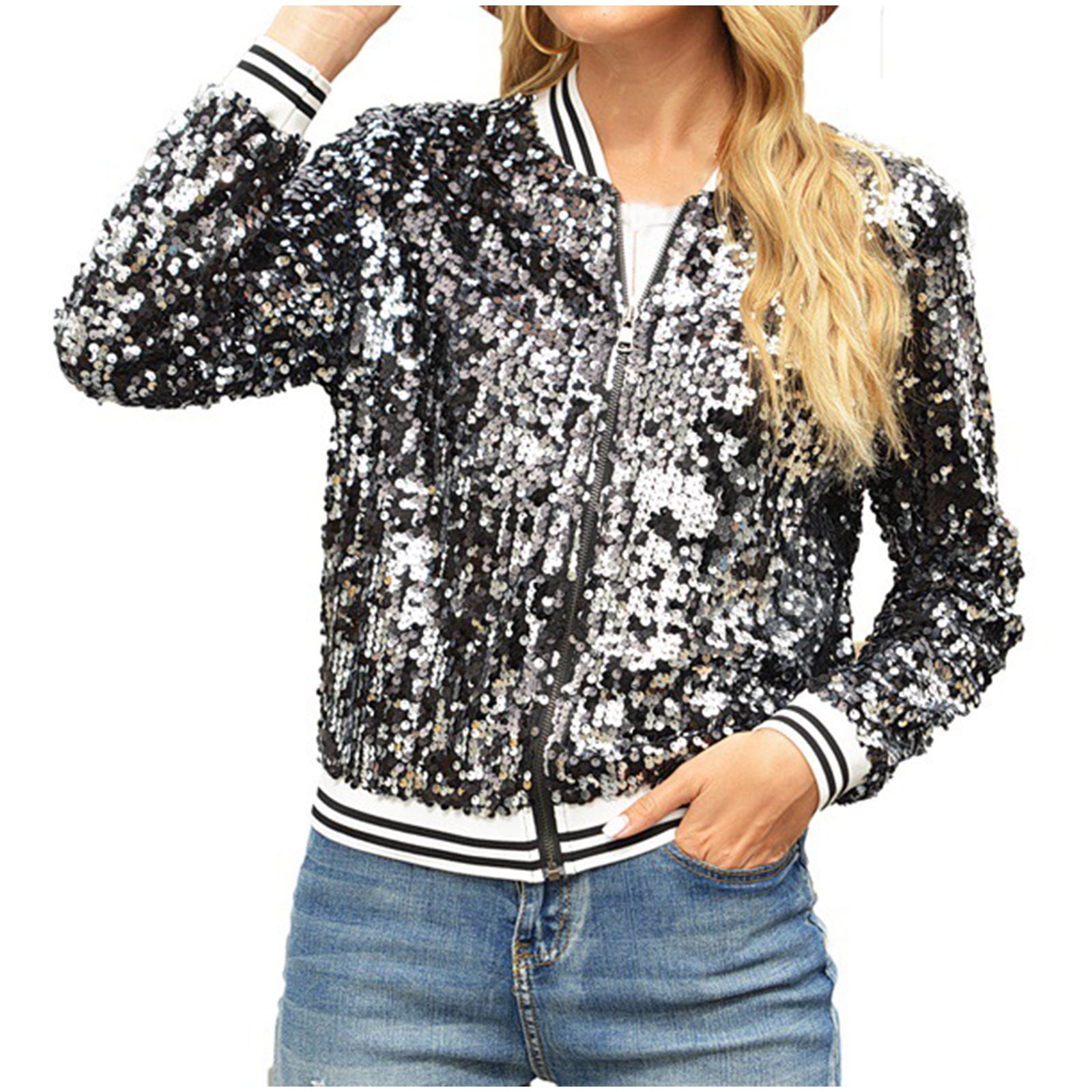 OGLCCG Womens Sparkly Shackets Jackets Long Sleeve Sequins Zipper Party