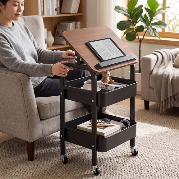 Rolling Storage Cart 3 Tier Metal Utility Organizer with Walnut Top Removable Shelves Lockable Wheels Mobile Trolley for Kitchen Bathroom Office Craft Coffee Snacks