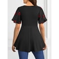 thumbnail image 2 of Women Black Rose Print Chiffon Overlay Top with Lace Up Waist Double Flared Sleeves and Inner Tank, 2 of 3