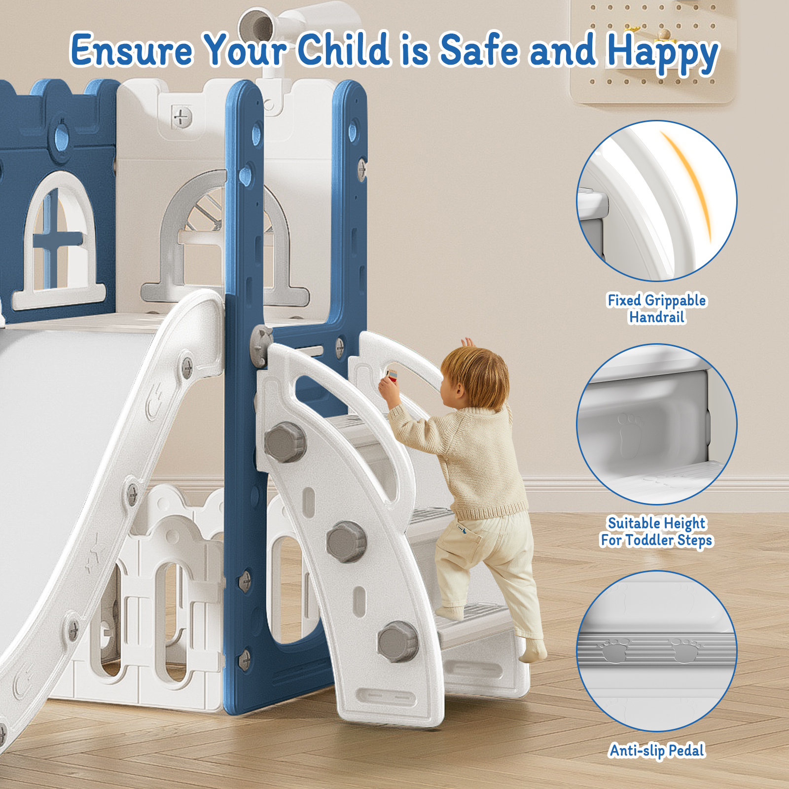 6 in 1 Kids Indoor Slide for Toddlers 1-3,Blue,Baby Slide for Indoor Outdoor with Basketball Hoop and Telescope,L Shaped Slide