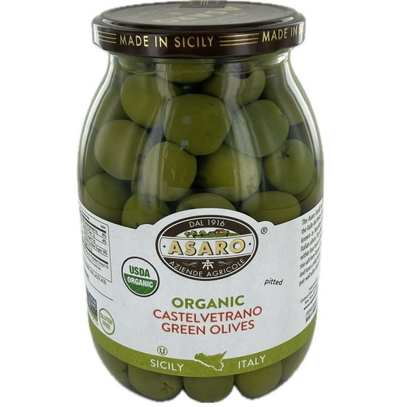 Asaro Organic Castelvetrano Green Pitted Olives 33.8 Ounce Jar (19 Oz Drained)