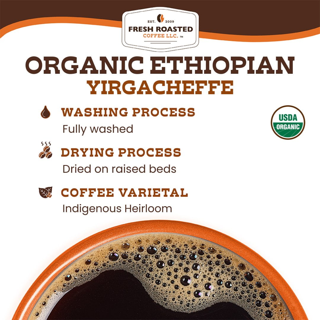 Fresh Roasted Coffee, Organic Ethiopian Yirgacheffe Coffee Pods, Medium Roast, K-cup Compatible, 72 Count